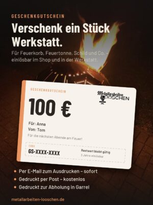 Geschenkgutschein von Metallarbeiten Looschen vor einem Feuerkorb bei Nacht
